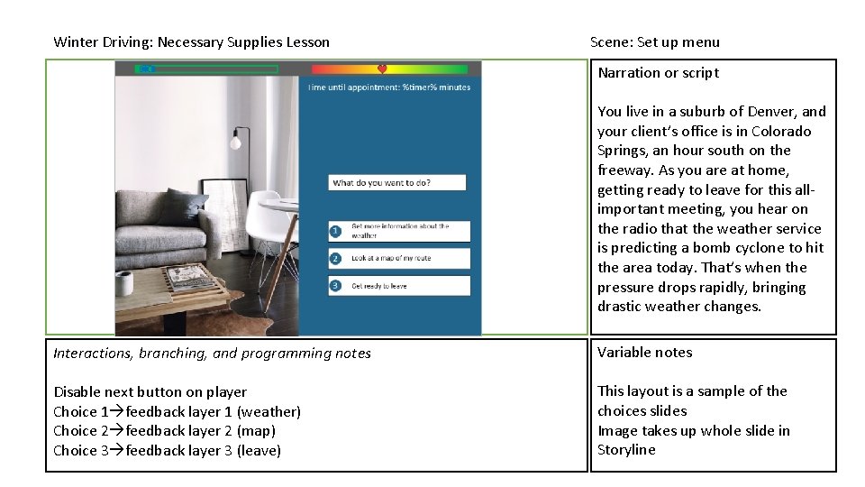 Winter Driving: Necessary Supplies Lesson Scene: Set up menu Narration or script You live Winter Driving: Necessary Supplies Lesson Scene: Set up menu Narration or script You live