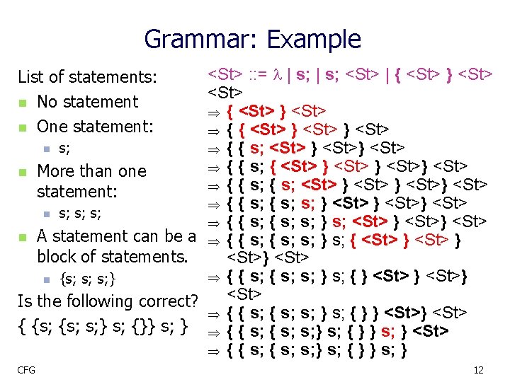 Grammar: Example <St> : : = | s; <St> | { <St> } <St>