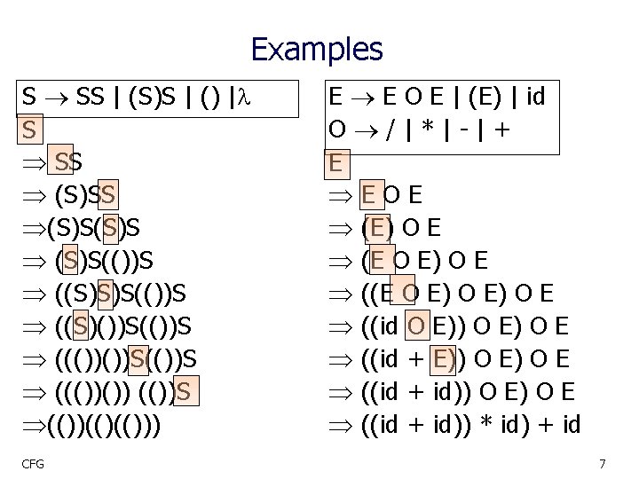 Examples S SS | (S)S | () | S SS (S)SS (S)S(())S ((S)())S(())S ((())())