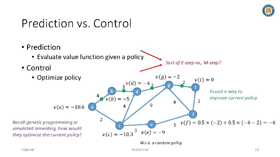 Prediction vs. Control • Prediction • Evaluate value function given a policy Sort of