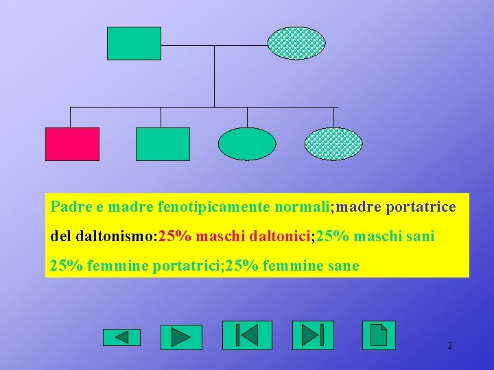 Padre e madre fenotipicamente normali; madre portatrice del daltonismo: 25% maschi daltonici; 25% maschi