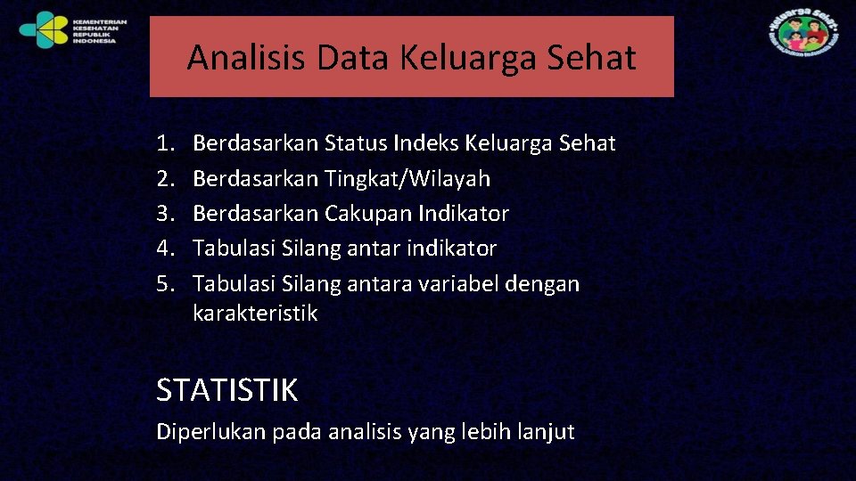 Analisis Data Keluarga Sehat 1. 2. 3. 4. 5. Berdasarkan Status Indeks Keluarga Sehat