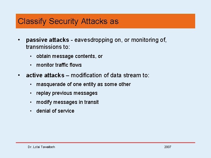 Classify Security Attacks as • passive attacks - eavesdropping on, or monitoring of, transmissions