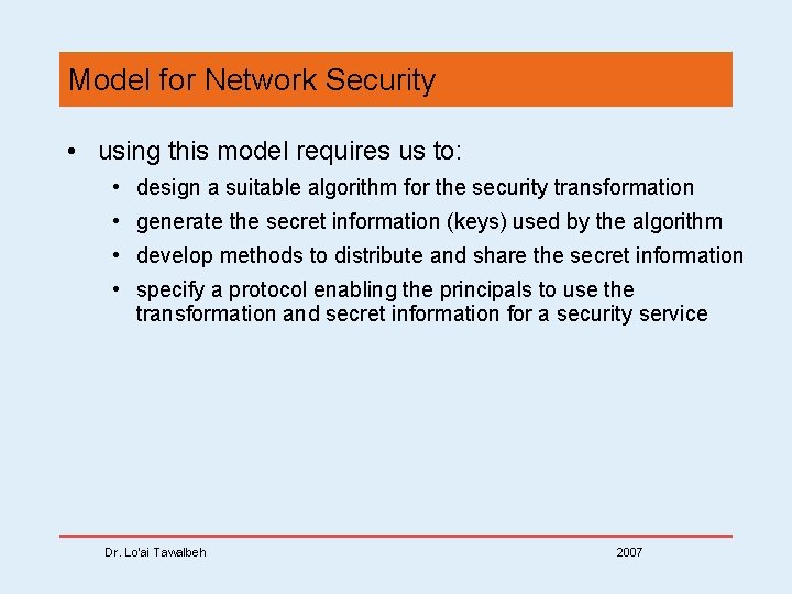 Model for Network Security • using this model requires us to: • design a