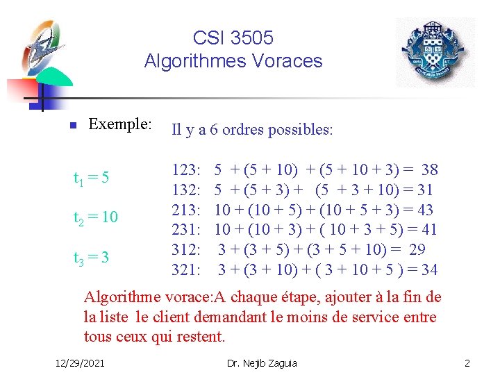 CSI 3505 Algorithmes Voraces n Exemple: t 1 = 5 t 2 = 10