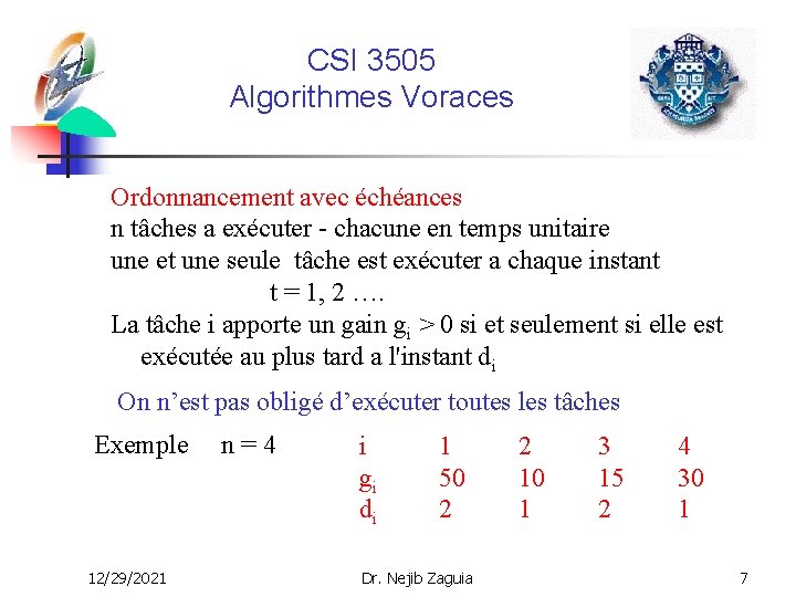 CSI 3505 Algorithmes Voraces Ordonnancement avec échéances n tâches a exécuter - chacune en