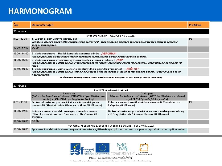 HARMONOGRAM Čas Obsahová náplň Prezence 22. února VÝUKOVÉ AKTIVITY – Aula Pd. F UP