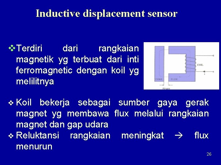 Inductive displacement sensor v. Terdiri dari rangkaian magnetik yg terbuat dari inti ferromagnetic dengan