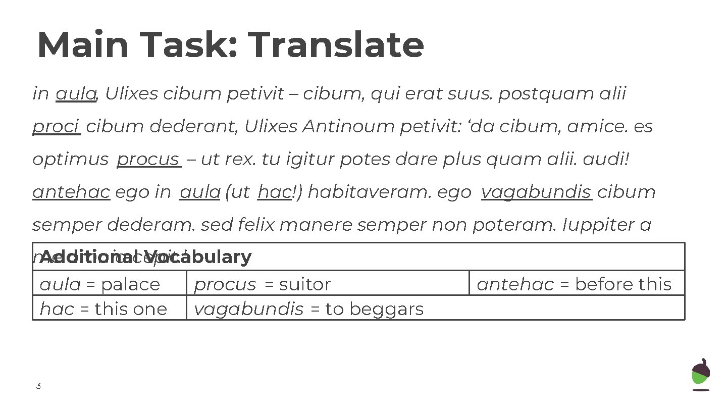 Main Task: Translate in aula, Ulixes cibum petivit – cibum, qui erat suus. postquam