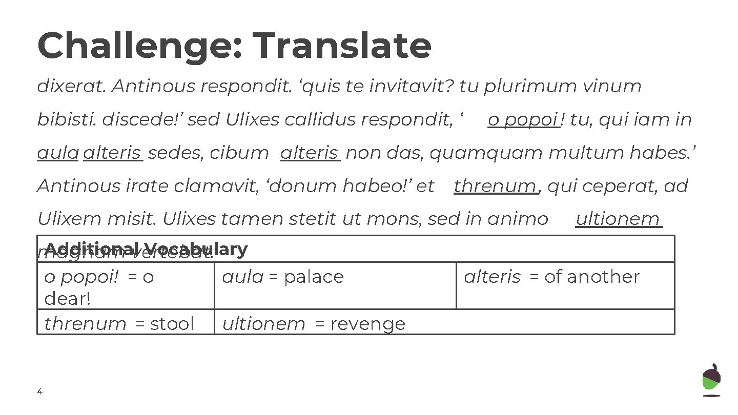 Challenge: Translate dixerat. Antinous respondit. ‘quis te invitavit? tu plurimum vinum bibisti. discede!’ sed