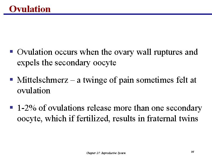 Ovulation § Ovulation occurs when the ovary wall ruptures and expels the secondary oocyte