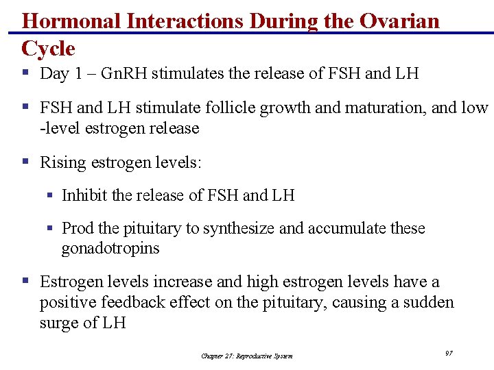 Hormonal Interactions During the Ovarian Cycle § Day 1 – Gn. RH stimulates the