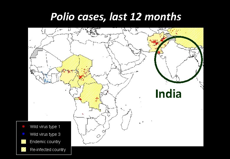 Polio cases, last 12 months India Wild virus type 1 Wild virus type 3