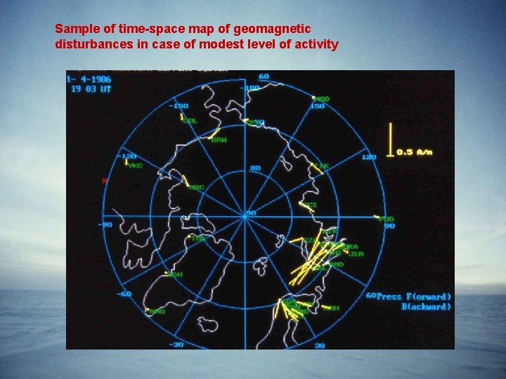 Sample of time-space map of geomagnetic disturbances in case of modest level of activity