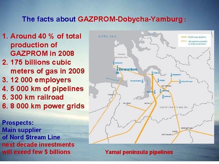 The facts about GAZPROM-Dobycha-Yamburg : 1. Around 40 % of total production of GAZPROM