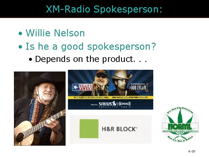 XM-Radio Spokesperson: • Willie Nelson • Is he a good spokesperson? • Depends on