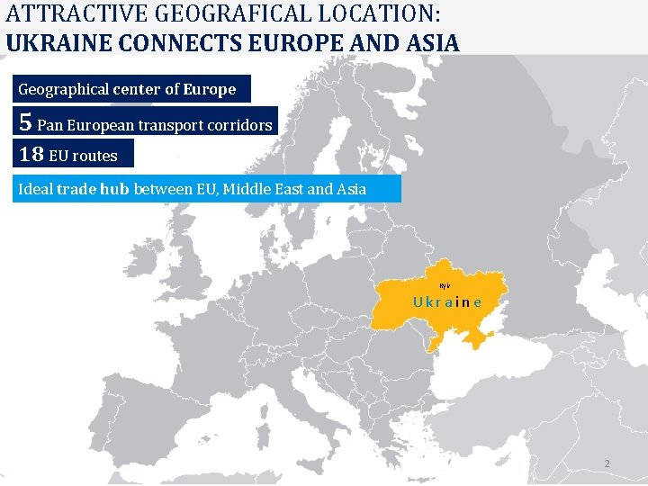 ATTRACTIVE GEOGRAFICAL LOCATION: UKRAINE CONNECTS EUROPE AND ASIA Geographical center of Europe 5 Pan