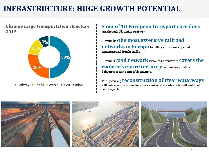 INFRASTRUCTURE: HUGE GROWTH POTENTIAL Ukraine cargo transportation structure, 2015 the most extensive railroad networks