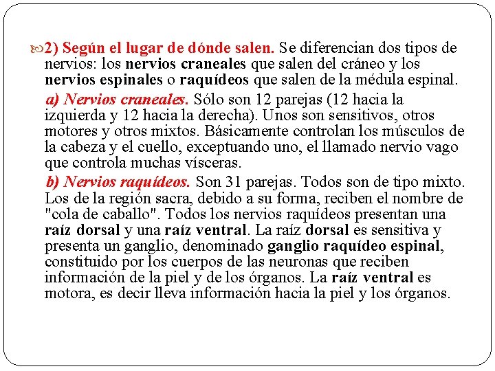  2) Según el lugar de dónde salen. Se diferencian dos tipos de nervios: