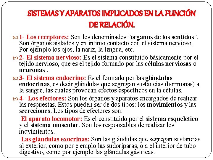 SISTEMAS Y APARATOS IMPLICADOS EN LA FUNCIÓN DE RELACIÓN. 1 - Los receptores: Son