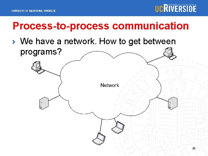 Process-to-process communication We have a network. How to get between programs? 26 