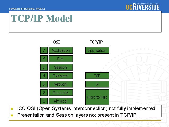 TCP/IP Model OSI n n TCP/IP 7 Application 6 Pre. 5 Session 4 Transport