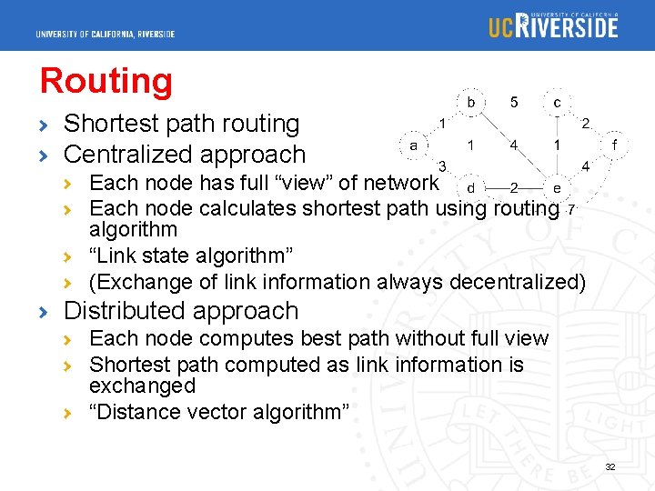 Routing Shortest path routing Centralized approach Each node has full “view” of network Each