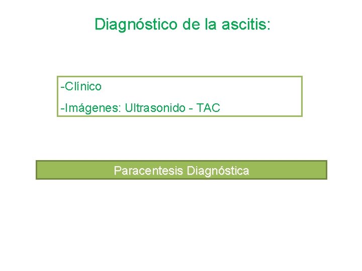 Diagnóstico de la ascitis: -Clínico -Imágenes: Ultrasonido - TAC Paracentesis Diagnóstica 