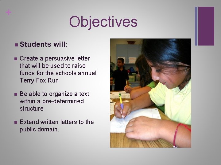 + Objectives n Students will: n Create a persuasive letter that will be used + Objectives n Students will: n Create a persuasive letter that will be used