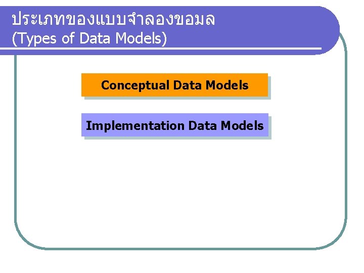 ประเภทของแบบจำลองขอมล (Types of Data Models) Conceptual Data Models Implementation Data Models 