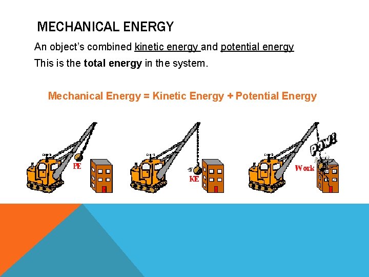 MECHANICAL ENERGY An object’s combined kinetic energy and potential energy This is the total