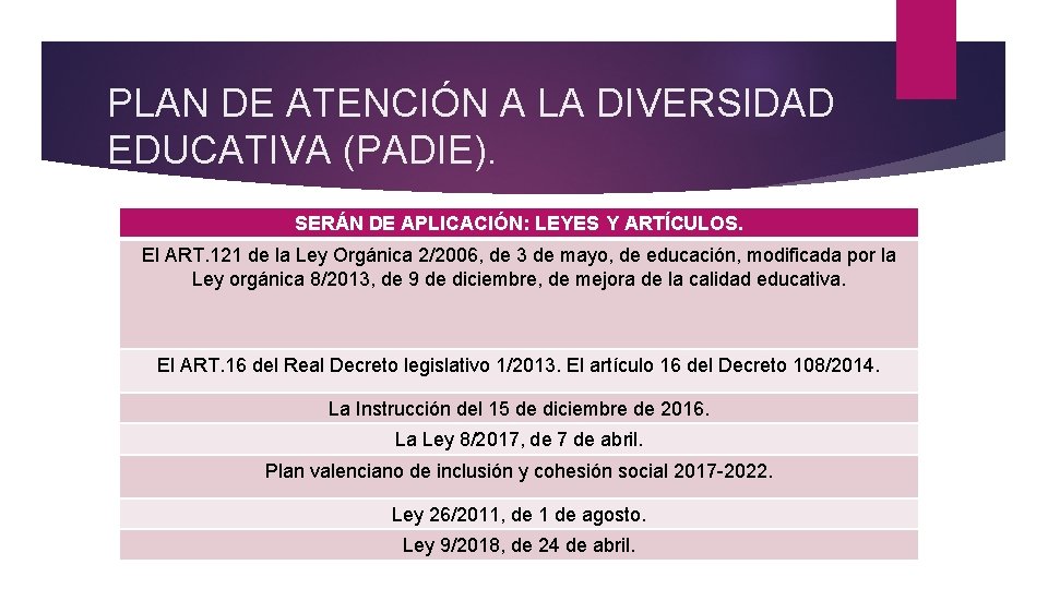 PLAN DE ATENCIÓN A LA DIVERSIDAD EDUCATIVA (PADIE). SERÁN DE APLICACIÓN: LEYES Y ARTÍCULOS.