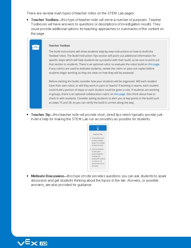 There are several main types of teacher notes on the STEM Lab pages: Teacher