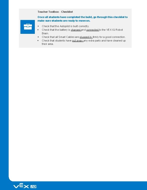 Teacher Toolbox - Checklist Once all students have completed the build, go through this