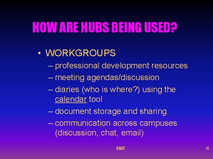 HOW ARE HUBS BEING USED? • WORKGROUPS – professional development resources – meeting agendas/discussion