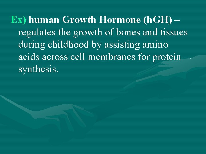 Ex) human Growth Hormone (h. GH) – regulates the growth of bones and tissues
