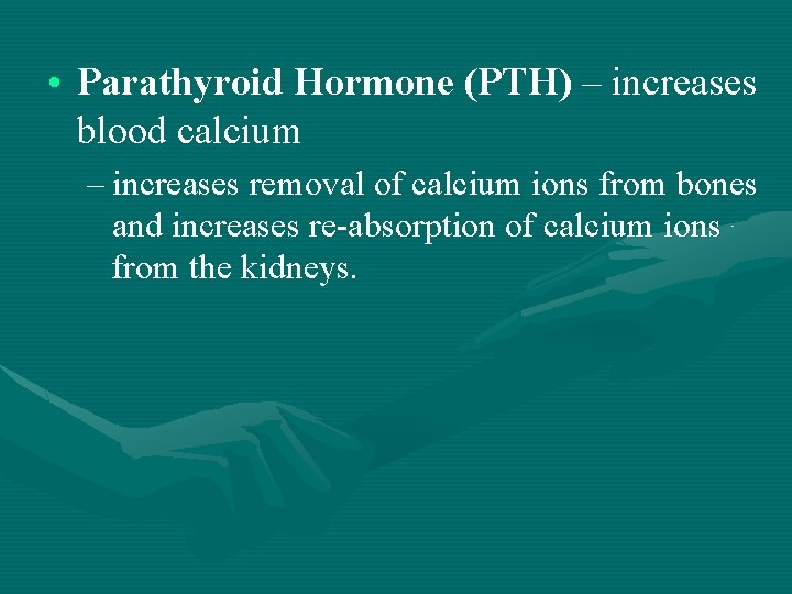  • Parathyroid Hormone (PTH) – increases blood calcium – increases removal of calcium