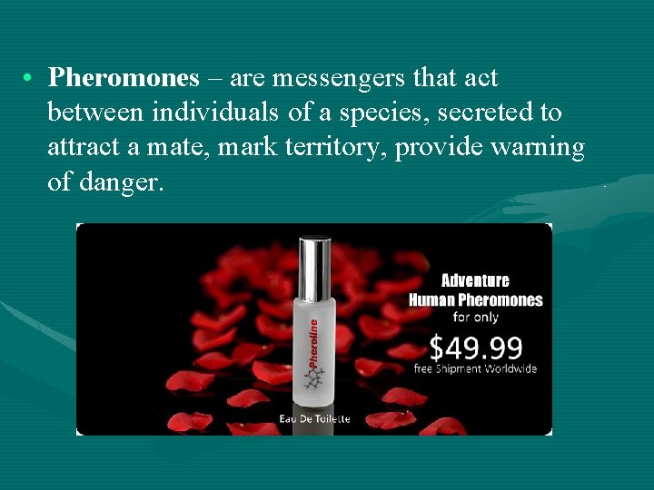  • Pheromones – are messengers that act between individuals of a species, secreted
