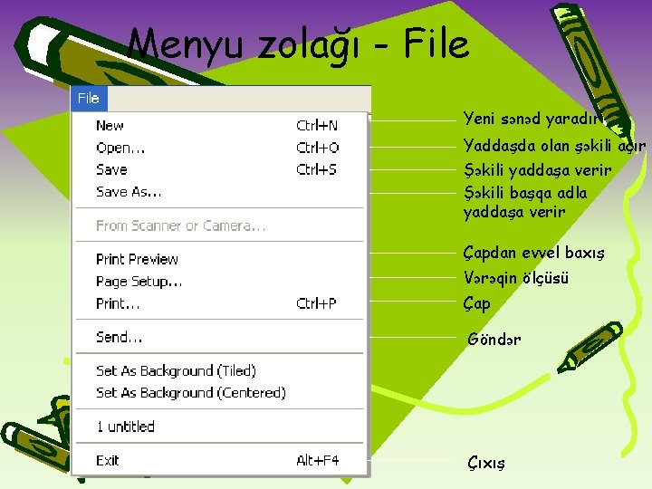 Menyu zolağı - File Yeni sənəd yaradır Yaddaşda olan şəkili açır Şəkili yaddaşa verir