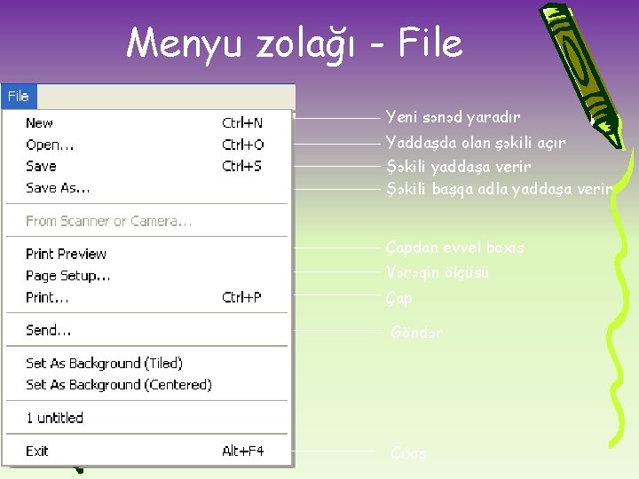 Menyu zolağı - File Yeni sənəd yaradır Yaddaşda olan şəkili açır Şəkili yaddaşa verir