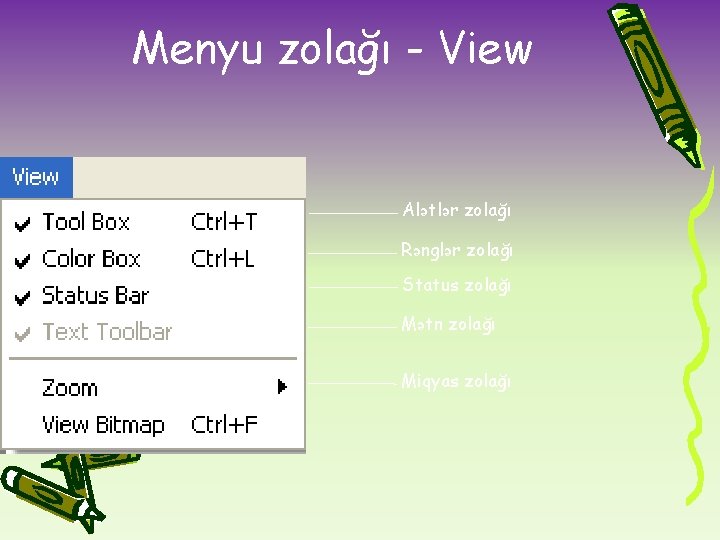 Menyu zolağı - View Alətlər zolağı Rənglər zolağı Status zolağı Mətn zolağı Miqyas zolağı