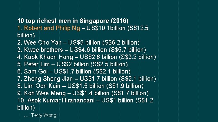 10 top richest men in Singapore (2016) 1. Robert and Philip Ng – US$10.