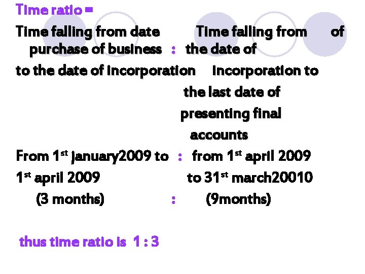 Time ratio = Time falling from date Time falling from of purchase of business Time ratio = Time falling from date Time falling from of purchase of business