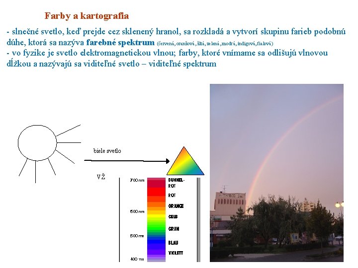 Farby a kartografia - slnečné svetlo, keď prejde cez sklenený hranol, sa rozkladá a