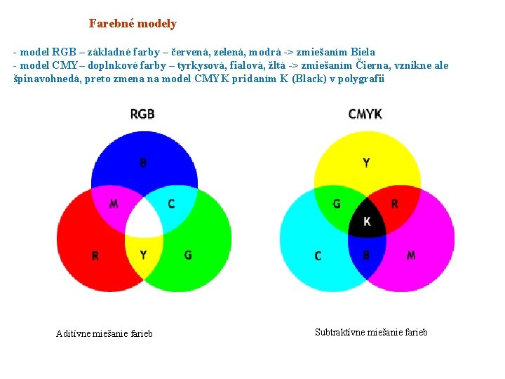 Farebné modely - model RGB – základné farby – červená, zelená, modrá -> zmiešaním