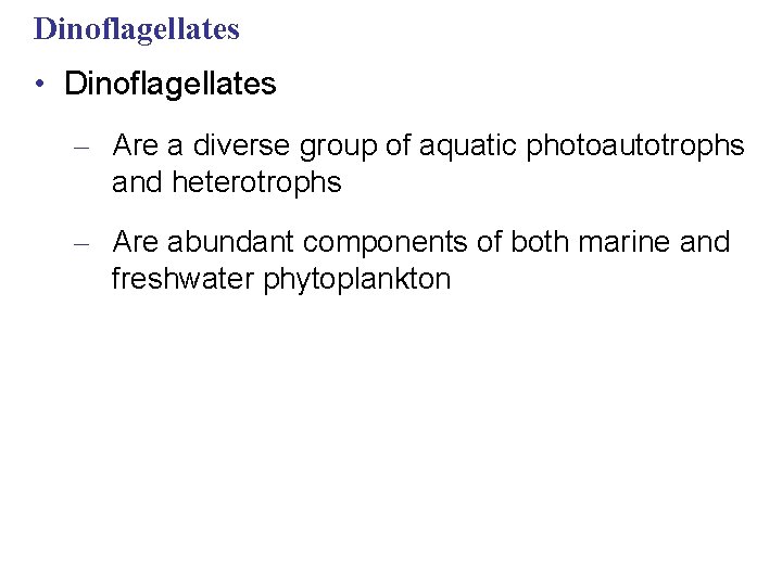 Dinoflagellates • Dinoflagellates – Are a diverse group of aquatic photoautotrophs and heterotrophs –