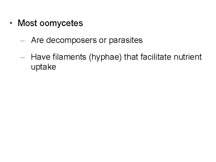  • Most oomycetes – Are decomposers or parasites – Have filaments (hyphae) that