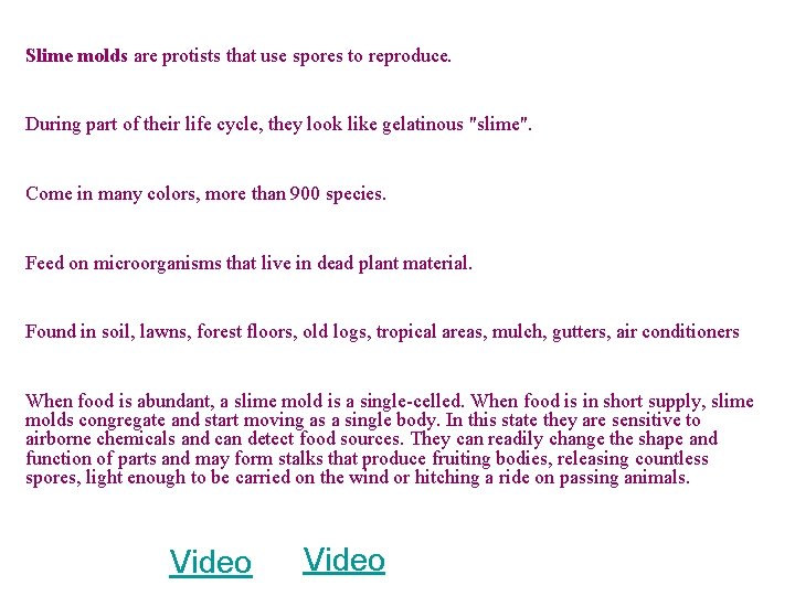 Slime molds are protists that use spores to reproduce. During part of their life