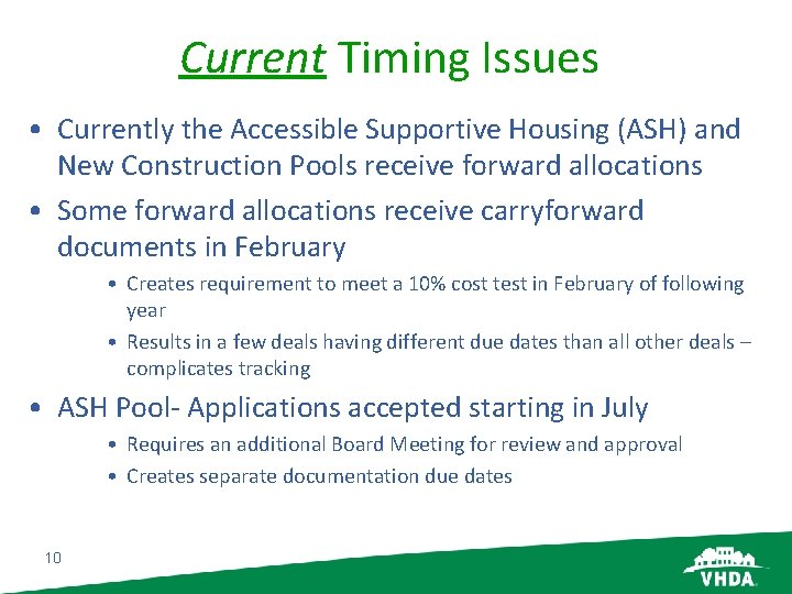 Current Timing Issues • Currently the Accessible Supportive Housing (ASH) and New Construction Pools