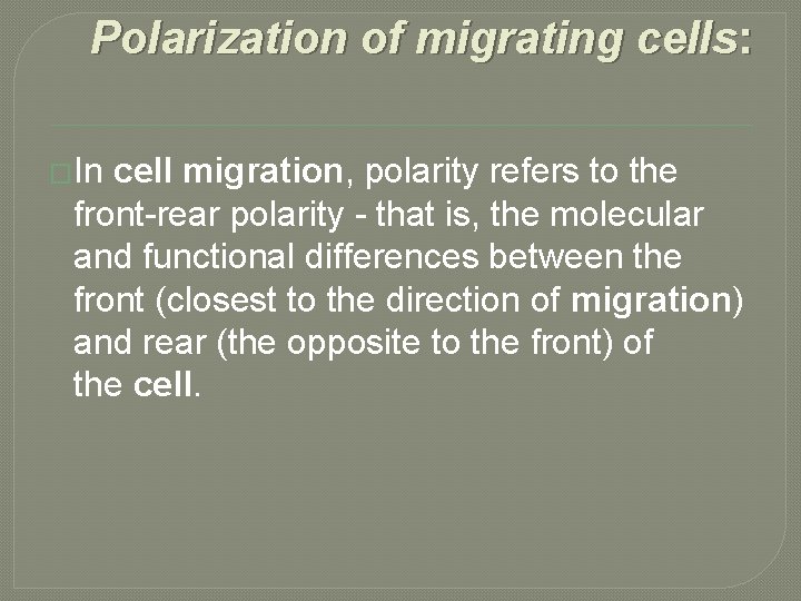 Polarization of migrating cells: �In cell migration, polarity refers to the front-rear polarity -